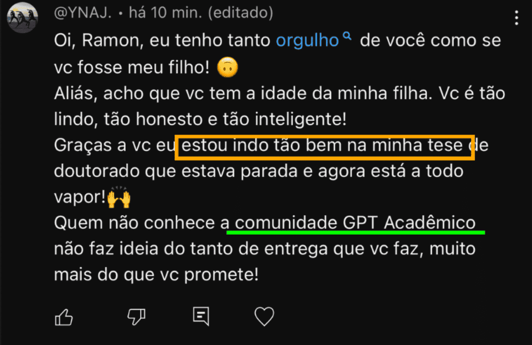 Curso GPT Academico - Pesquisa Científica com Inteligência Artificial depoimento e resultados prints de alunos