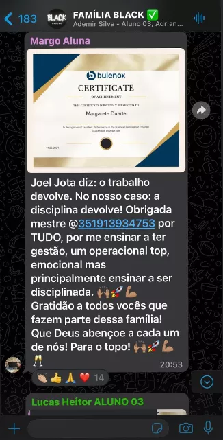 Família Black NASDAQ depoimento e resultados prints de alunos