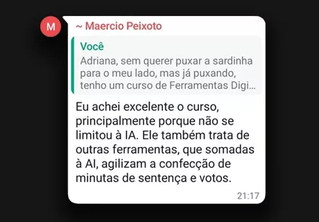 Curso Ferramentas Digitais para Elaboração de Sentenças, Votos e Despachos depoimento e resultados prints de alunos