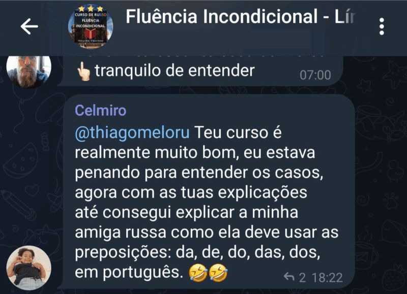 Curso de Russo Fluência Incondicional depoimento e resultados prints de alunos