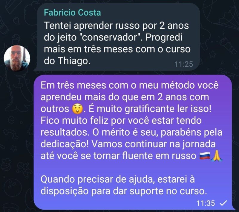 Curso de Russo Fluência Incondicional depoimento e resultados prints de alunos