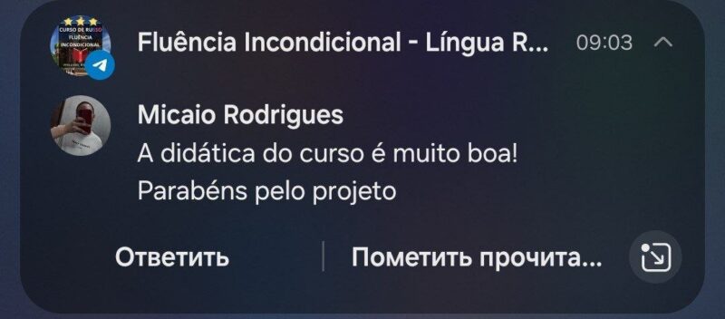 Curso de Russo Fluência Incondicional depoimento e resultados prints de alunos