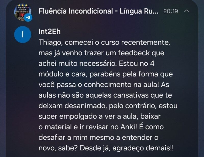 Curso de Russo Fluência Incondicional depoimento e resultados prints de alunos