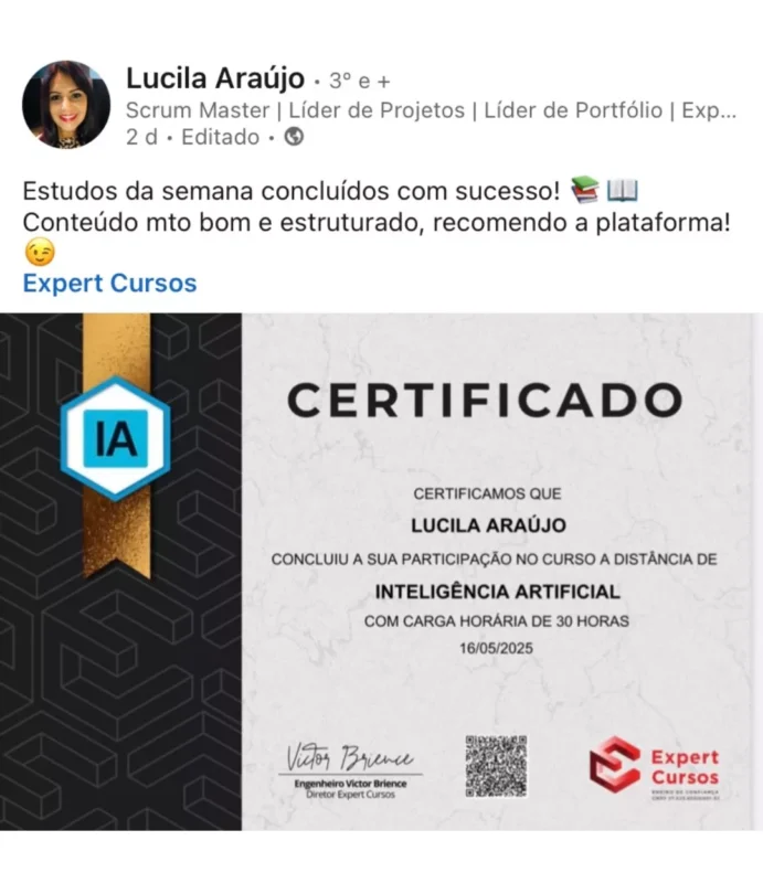 Curso de Inteligência Artificial depoimento e resultados prints de alunos