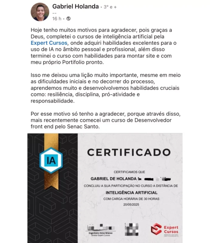 Curso de Inteligência Artificial depoimento e resultados prints de alunos