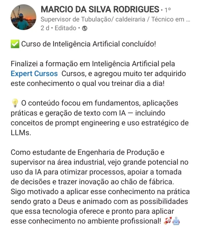 Curso de Inteligência Artificial depoimento e resultados prints de alunos